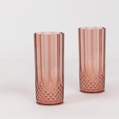 TABLECLOTHSFACTORY 6 Pack Dusty Rose Crystal Cut Reusable Plastic Highball Drink Glasses, Shatterproof Tall Cocktail Tumbler Cups - 14oz