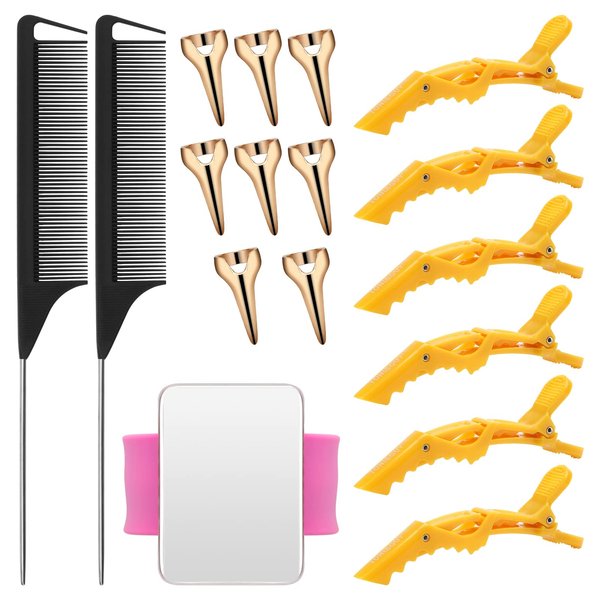 Coldairsoap 17 Pieces Hair Parting Tools Set, Included 8P Hair Parting Ring 2P Metal Rat Tail Comb 6P Hair Sectioning Clip with 1P Magnetic Wrist Sewing Pin Holder for Braiding (Colorful)