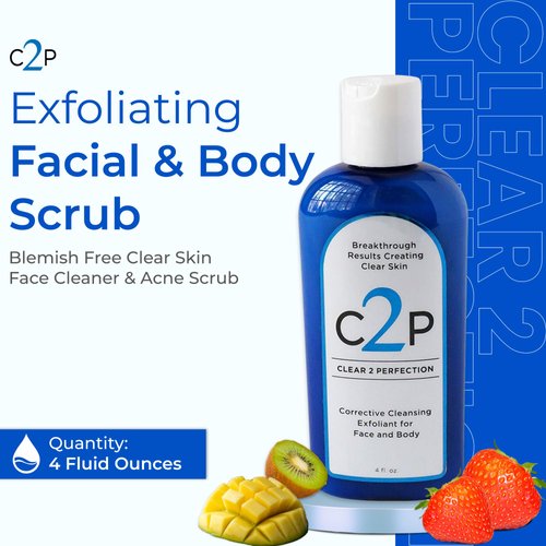 Exfoliating Facial and Body Scrub by Clear 2 Perfection, Esthetician Developed, Perfect for Bacne, Exfoliates & Clears Breakouts