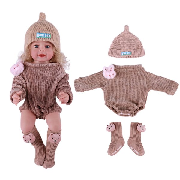 BABESIDE 3 Pcs Reborn Baby Doll Clothes Accessories for 17-22 Inch Dolls, Animal Patterns Baby Doll Knits Clothing with Baby Doll Hat Doll Socks for Realistic Newborn Baby Dolls, Brown