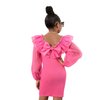 WDIRARA Girl's Mesh Ruffle Trim Layered Tie Back Lantern Sleeve Pencil Mini Dress Hot Pink 11-12Y