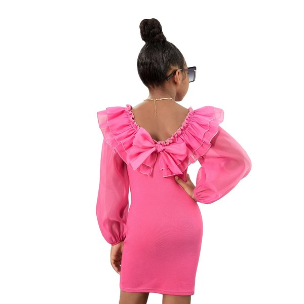 WDIRARA Girl's Mesh Ruffle Trim Layered Tie Back Lantern Sleeve Pencil Mini Dress Hot Pink 11-12Y