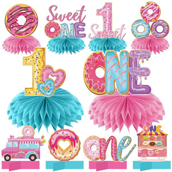 Aodocuto 10pcs Donut 1st Birthday Honeycomb Centerpiece Party Decor for Baby Boy Girl, Sweet First Donut Birthday Table Centerpieces Party Supplies, Doughnut Theme Happy One Year Old Bday Table Topper