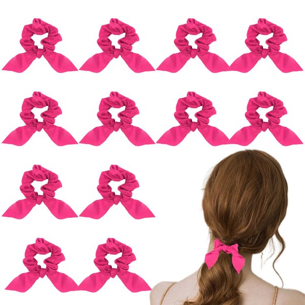 ACO-UINT 12 Pack Scrunchies for Women, Bow Hair Scrunchies for Thick Hair, Hot Pink Hair Ties Bunny Ear Scrunchies Satin Scrunchies, Hair Accessories Scrunchies with Tails for Girls