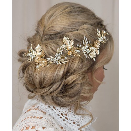 Kercisbeauty Gold Flower Leaf Vintage Headband Rhinestones Pearl Hair Vine Bridal Tiara Rustic Wedding Headpiece for Brides Women Dancing Ball Handmade Jewelry