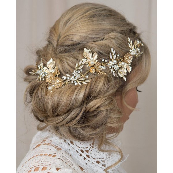 Kercisbeauty Gold Flower Leaf Vintage Headband Rhinestones Pearl Hair Vine Bridal Tiara Rustic Wedding Headpiece for Brides Women Dancing Ball Handmade Jewelry