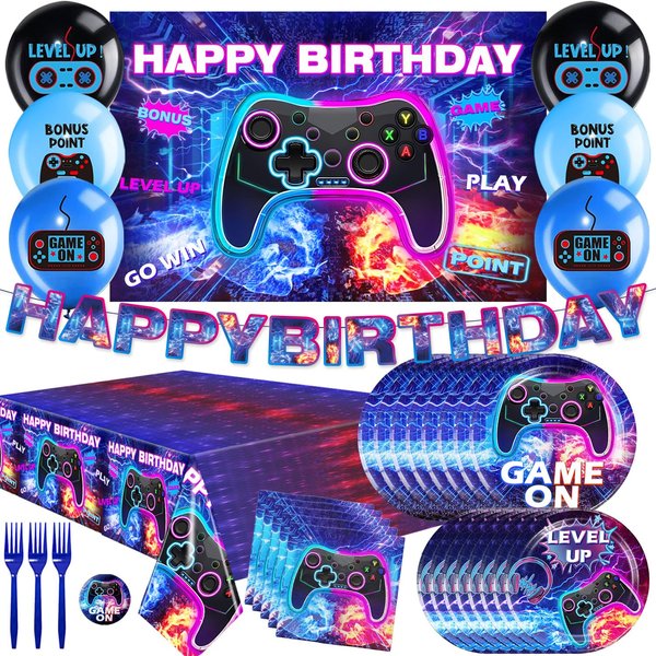 Cocomigo 116pcs Video Game Birthday Decorations for Boys, Gamer Birthday Party Decorations Include Video Game Backdrop Plates Balloons Gamer Birthday Banner Video Game Party Decorations Serves 25