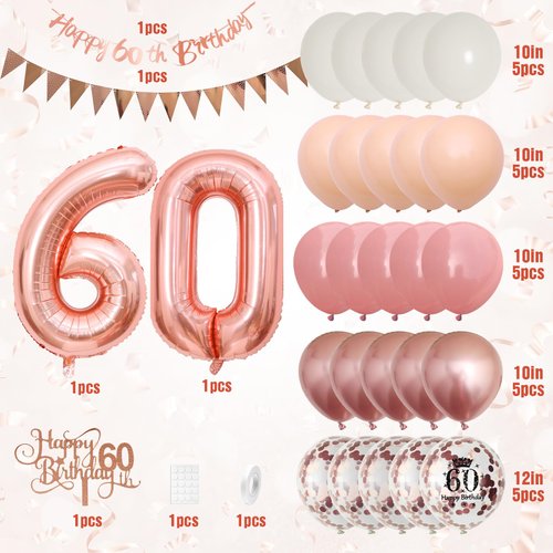60th Birthday Decorations Retro Pink Rose Gold,60th Birthday Balloons,Happy 60th Birthday Banner with Cake Toppers Rose Gold Number 60 Balloons Confetti Balloons for Women Birthday Party Decorations
