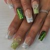 BABALAL Square Press on Nails Medium Fake Nails Green Glue on Nails 3D Butterfly Rhinestone Acrylic Nails 24Pcs French Squoval False Nails for Women and Girls