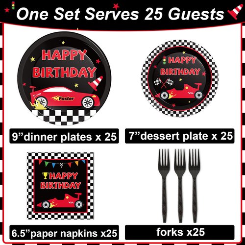 25 Guests Race Car Birthday Party Supplies Plates Napkins Forks Set Disposable Racing Car Tableware Paper Plates Dinnerware for Boys Kids Baby Shower Decorations Favors
