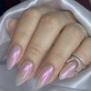 24Pcs Chrome Press on Nails Medium Long Almond Fake Nails Pink Glazed Glossy Designs Full Cover Stick on Nails with Glue Reusable Artificial Acrylic False Nails for Women Manicure Decorations Tips