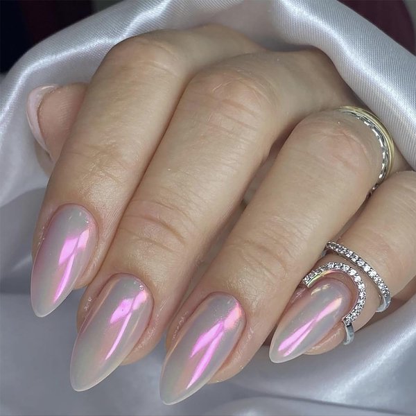 24Pcs Chrome Press on Nails Medium Long Almond Fake Nails Pink Glazed Glossy Designs Full Cover Stick on Nails with Glue Reusable Artificial Acrylic False Nails for Women Manicure Decorations Tips