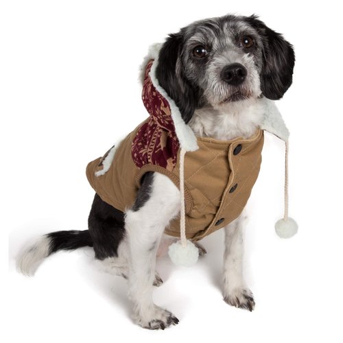 TOUCHDOG 'Snowadayz' Pom Pom Fashion Designer Pet Dog Coat Hooded Sweater Jacket Hoodie, X-Small, Red / Beige