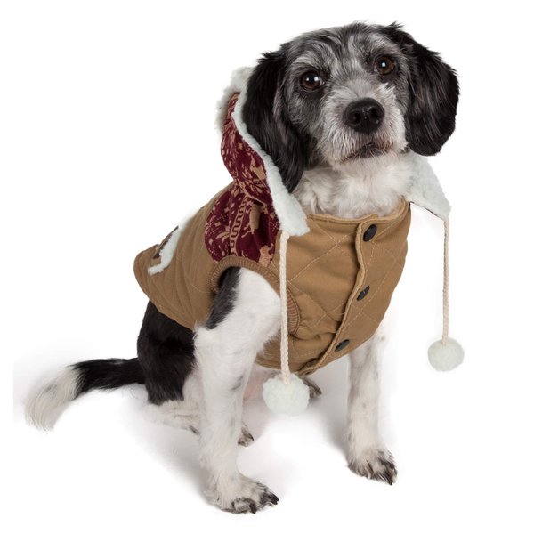 TOUCHDOG 'Snowadayz' Pom Pom Fashion Designer Pet Dog Coat Hooded Sweater Jacket Hoodie, X-Small, Red / Beige