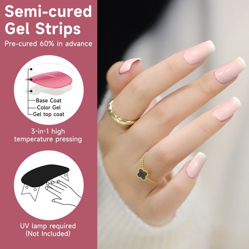 DUKASOU Semi Cured Gel Nail Strips - 28Pcs Gel Nail Stickers for Women Work with Any UV Nail Lamps(Not Include), DIY Gel Nail Wraps for Home, Includes Prep Pads, Nail File & Wood Stick(Pink French)