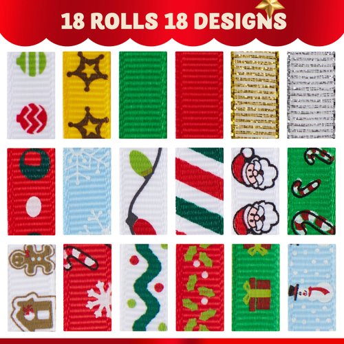 Joiedomi 18Pcs Christmas Ribbons; 90 Yard Grosgrain Satin Fabric Ribbons for Christmas Present Box Wrapping, Hair Bow Clips, Gift Bows, Craft, Sewing, Wedding (18PCS One-Size)
