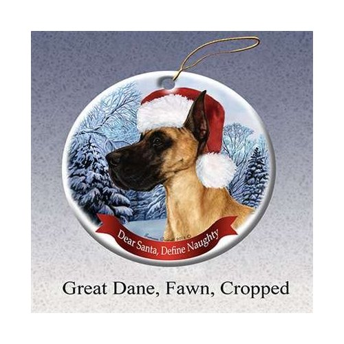 Holiday Pet Gifts Great Dane (Cropped) Fawn Santa Hat Dog Porcelain Ornament