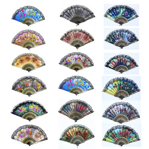 QISEQIRO Spanish Folding Hand Fan,Handheld Fans Summer Vintage Dancing Party Hand Fans for Girls Women (12 PCS, Random Pattern)
