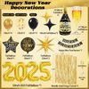 Happy New Year Decorations 2025 with Black Gold Confetti Balloons 2025 Number Balloons New Year Banner Gold Fringe Curtain Backdrop Champagne Balloon for New Years Eve Party Nye Decorations