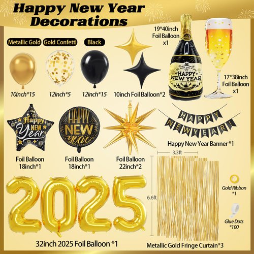 Happy New Year Decorations 2025 with Black Gold Confetti Balloons 2025 Number Balloons New Year Banner Gold Fringe Curtain Backdrop Champagne Balloon for New Years Eve Party Nye Decorations