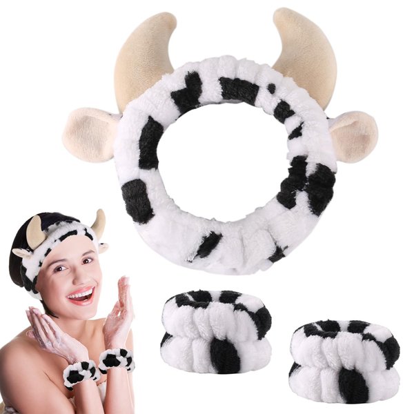 lasuroa Cow Headband with 2pcs Cow Print Wristband, Cute Cow Print Face Wash Headband Spa Makeup Hair Bands Facial Skincare Head Wraps for Women Girls Clothing Party Supplies Birthday Gifts