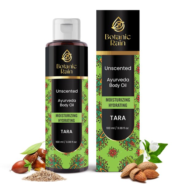 Botanic Rain Ayurveda Body Oil Unscented, Organic Body Oil After Shower, Moisturizing & Hydrating Natural Vitamin E Oil For Women And Men, Ayurveda Products For Crepey Skin - 3.38 Fl Oz
