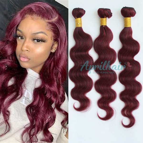 Aprilhair 8A Machine Double Weft Raw Brazilian Virgin Human Hair Extensions Wine Red #99J Body Wave 3 Bundles (20'' 22'' 24'', 99J bundles)