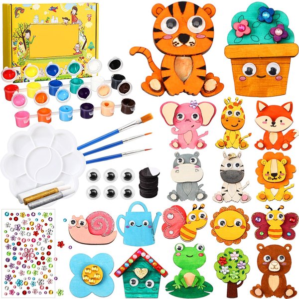 Relaxweex 18 Pcs DIY Wooden Magnets Painting Kit, Forest Animals Arts and Crafts Supplies Painting Craft Activities Kit for Family Crafts Gifts Birthday Christmas Basket Stuffers Party Favors