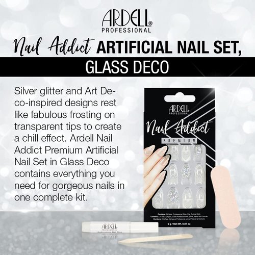Ardell Nail Addict Premium Artificial Nail Set, Glass Deco, 24-Pc, Medium, Almond-Shape, DIY Press-On Nails, Quick and Easy to Use, with Glue, Cuticle Stick and Nail File