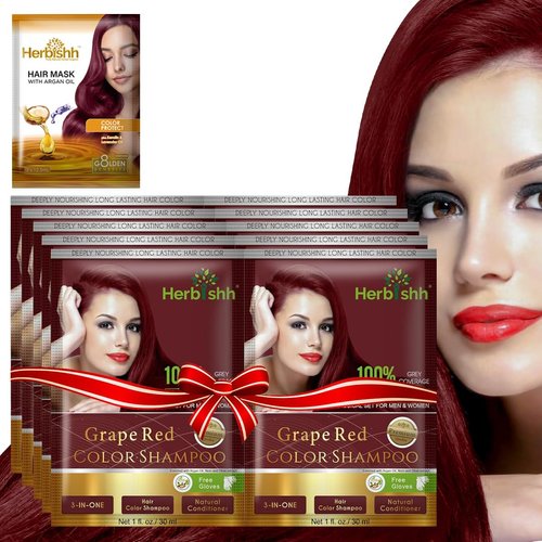 Herbishh Hair Color Shampoo for Gray Hair–Natural Hair Dye Shampoo with Argan Hair Mask–Travel size-Colors Hair in Minutes–Long lasting colour–10pack+1pack–Ammonia-Free (Grape Red)