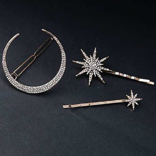 Bartosi Rhinestone Moon Hair Clips Gold Star Hairpins Crystal Decorative Bobby Pins Retro Bride Wedding Hair Pins Side Clip Hair Accessories for Women and Girls (Pack of 3)