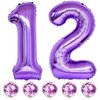 Purple Birthday Balloon Number 12, 40 Inch Big Foil Mylar Number 1 and 2 Balloons with Purple Confetti Latex Helium Balloons for Girls Women 12th 21st Birthday Anniversary Party Decorations Supplies