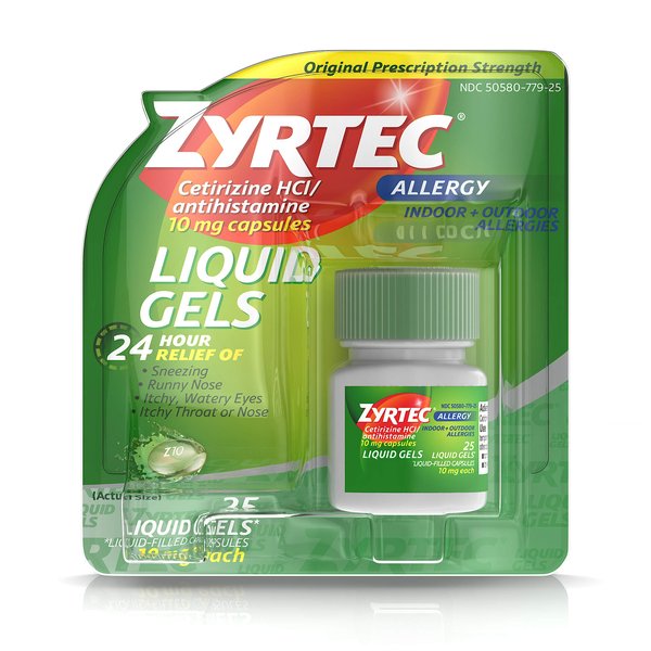 Zyrtec 24 HR Indoor/Outdoor Allergy Relief Liquid Gels Capsules, Cetirizine HCI Antihistamine, 25 ct