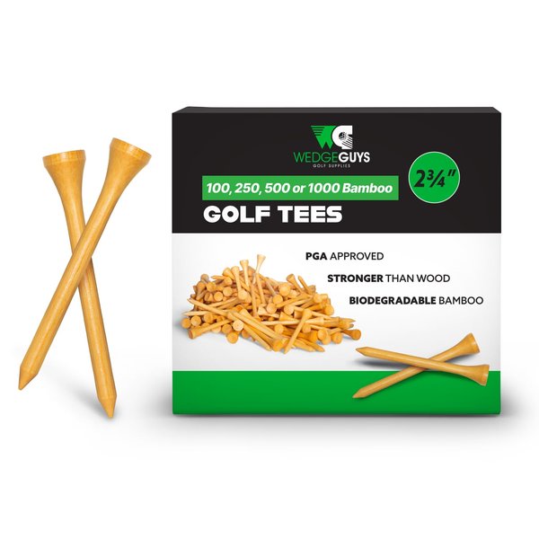 Wedge Guys Bamboo Golf Tees 1-1/2, 2-3/4 & 3-1/4" | 100,250,500 or 1000 pcs. | Free Ball Marker - Stronger Than Wood Tees, Biodegradable & Less Friction | PGA Professional Approved, Golf Tees Bulk Bag