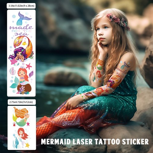 24sheets Mermaid Full Arm Women Temporary Tattoos Shoulder Bronzing Groovy Fake Tattoos Half Arm Golden Tats Birthday Party Supplies Sea Creatures Favors Ocean Animal Tattoos for Kids Boy Girls