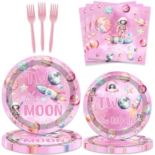 118 Pcs Outer Space Girls 2nd Birthday Party Supplies Two The Moon Decorations Tableware Includes Tablecloth Plates Napkins Forks Cups Banner for Pink Space Two Years Old Birthday Party Decorations