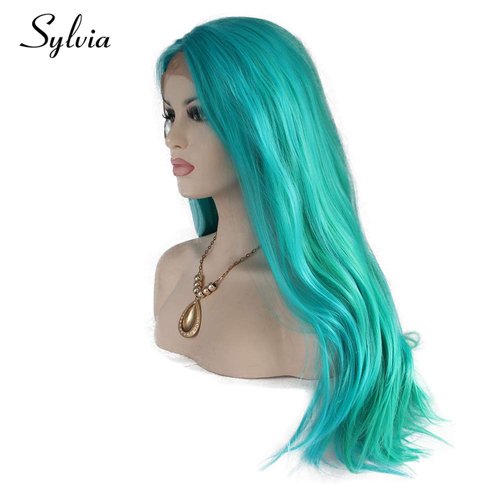 Sylvia 24' Blue Mixed Green Wig for Women Long Natural Straight Curly Wavy Hair Wig Synthetic Lace Front Wigs Middle Parting 180% Density Fiber Hair for Daily Party Cosplay for Woman…