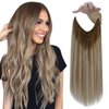 Fshine Wire Hair Extensions Human Hair Invisible Clip in Hair Extensions Brown to Ash Brown and Blonde Secret Headband Wire in Hair Extensions Invisible Hair Wire 12Inch 70g