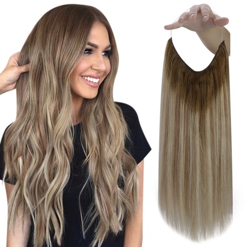 Fshine Wire Hair Extensions Human Hair Invisible Clip in Hair Extensions Brown to Ash Brown and Blonde Secret Headband Wire in Hair Extensions Invisible Hair Wire 12Inch 70g