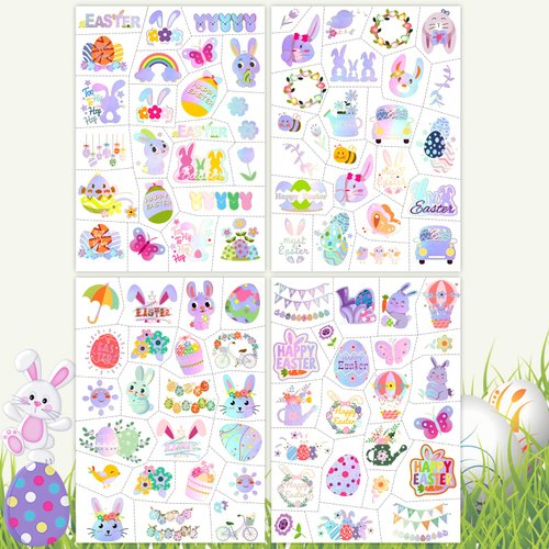 Metuu Easter Temporary Tattoos For Easter Basket Stuffers, 95 Pcs Foil Glitter Style Fake Tattoos For Easter Party Decorations, 4 Sheets Bunny Egg Butterfly Colorful Tattoos for Kids Adults