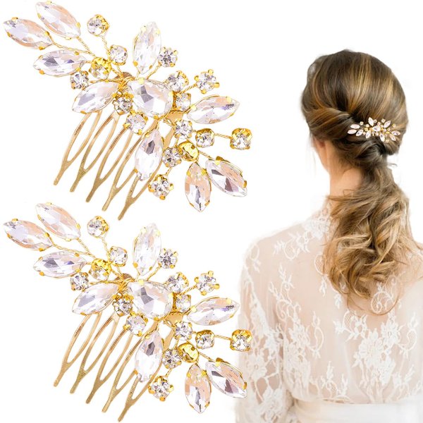 2 PCS Bridal Hair Side Combs Handmade Clear Rhinestones Metal Hair Combs for Women and Girls Wedding, Parties, Prom, Dance Elegant Opal Sparkly Bridal Crystal Hair Piece Hair Accessories （Gold）
