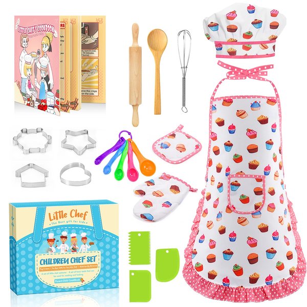 Toyze Birthday Gifts for 3-8 Year Old Girls Cute Stuff Apron for Girls Kids Cooking Sets Toddler Toys Kids Chef Hat and Apron Easter Christmas Stocking Stuffers White-with Cookbook