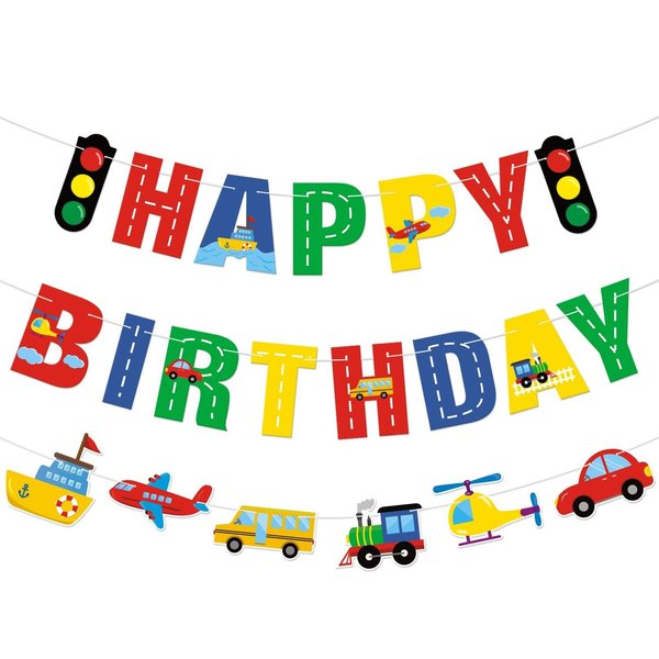 Faisichocalato Transportation Happy Birthday Banner Car Bus Train Plane Ship Helicopter Traffic Light Photo Props Garland for Kids Transportation Theme Birthday Party Decorations Baby Shower Supplies