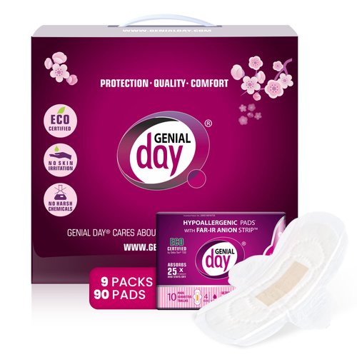 Hypoallergenic Regular Flow Pads with FAR-IR Anion Strip, Super Absorbent, Breathable, Vegan and Eco-Certified, Ultra Thin with Wings, Count 90 (Regular)