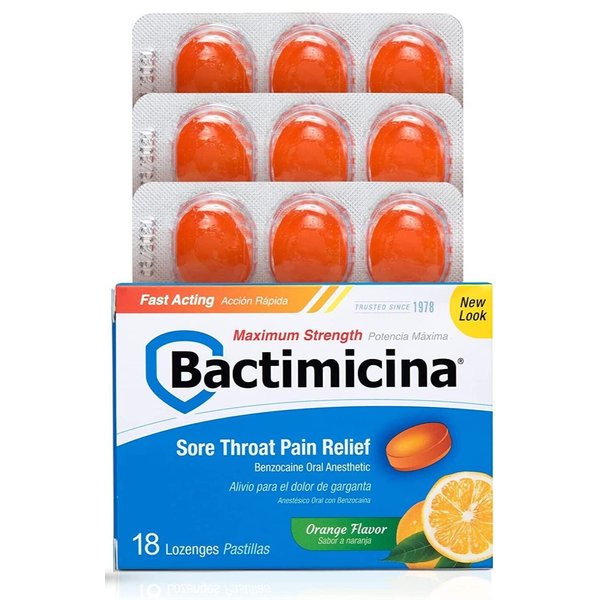 Bactimicina Sore Throat Lozenges Maximum Strength, Orange Flavor, Oral Analgesic with Benzocaine for Fast Action Relief, 18 Count