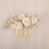 New Handmade Ceramic Flower Wedding Hair Accessories for Women Pearl Gold Alloy Leaf Wedding Hair Comb Bridal Jewelry Classical Wedding Headpiece for Bride