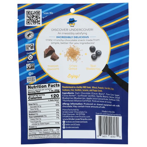 UNDERCOVER CHOCOLATE CO Dark Chocolate + Blueberries Crispy Quinoa Snack, 2 OZ