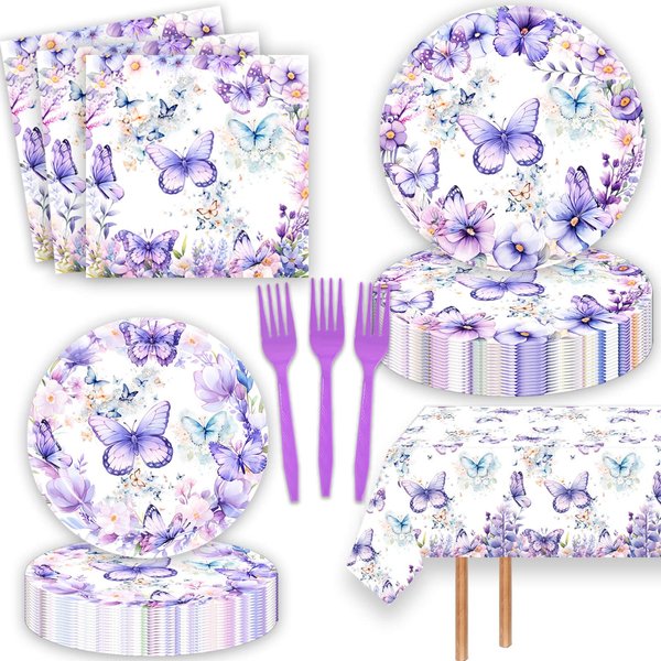 51 Pcs Butterfly Birthday Party Supplies Purple Butterfly Tablecloth Paper Plates Napkins Forks Dinnerware for Butterfly Girls Baby Shower 1st 2nd 3rd 4th Birthday Party Supplies Decorations