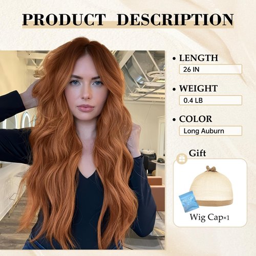 testar Auburn Wigs For White Women Long Wavy Middle Part Auburn Red Wigs Copper Hair Wigs Natural Lace Hair line Wig Synthetic Heat Resistant Wigs For Girls Daily Cosplay Use 26 IN