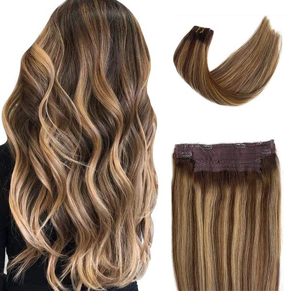 Halo Hair Extensions Human Hair, Fish Line Human Hair Extensions Halo Hair Extensions Ombre Chocolate Brown to Caramel Blonde Highlights Remy Human Hair Extensions 14Inch 70g Straight Hairpiece